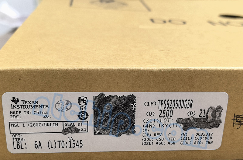 TI TPS62050DGSR outer packaging and Label